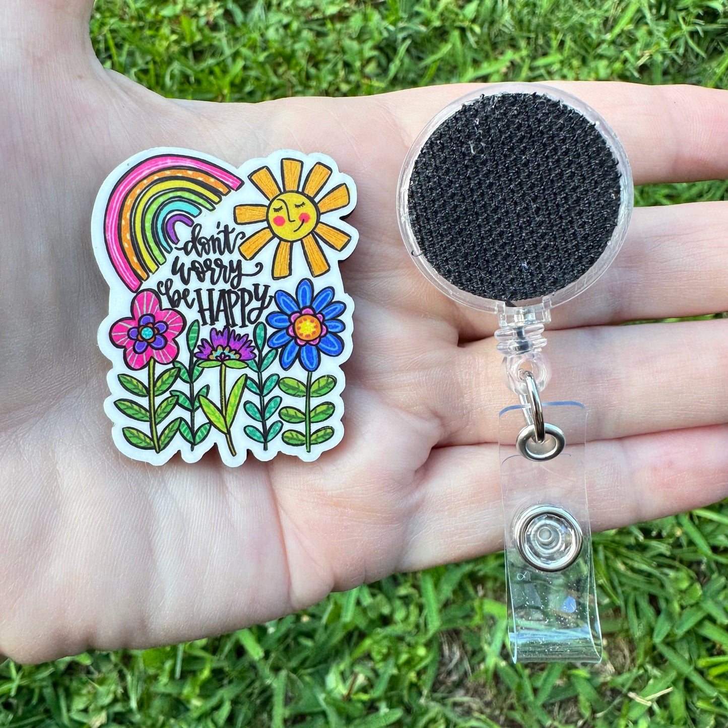 Don't Worry Be Happy Interchangeable Badge Button with Reel Option