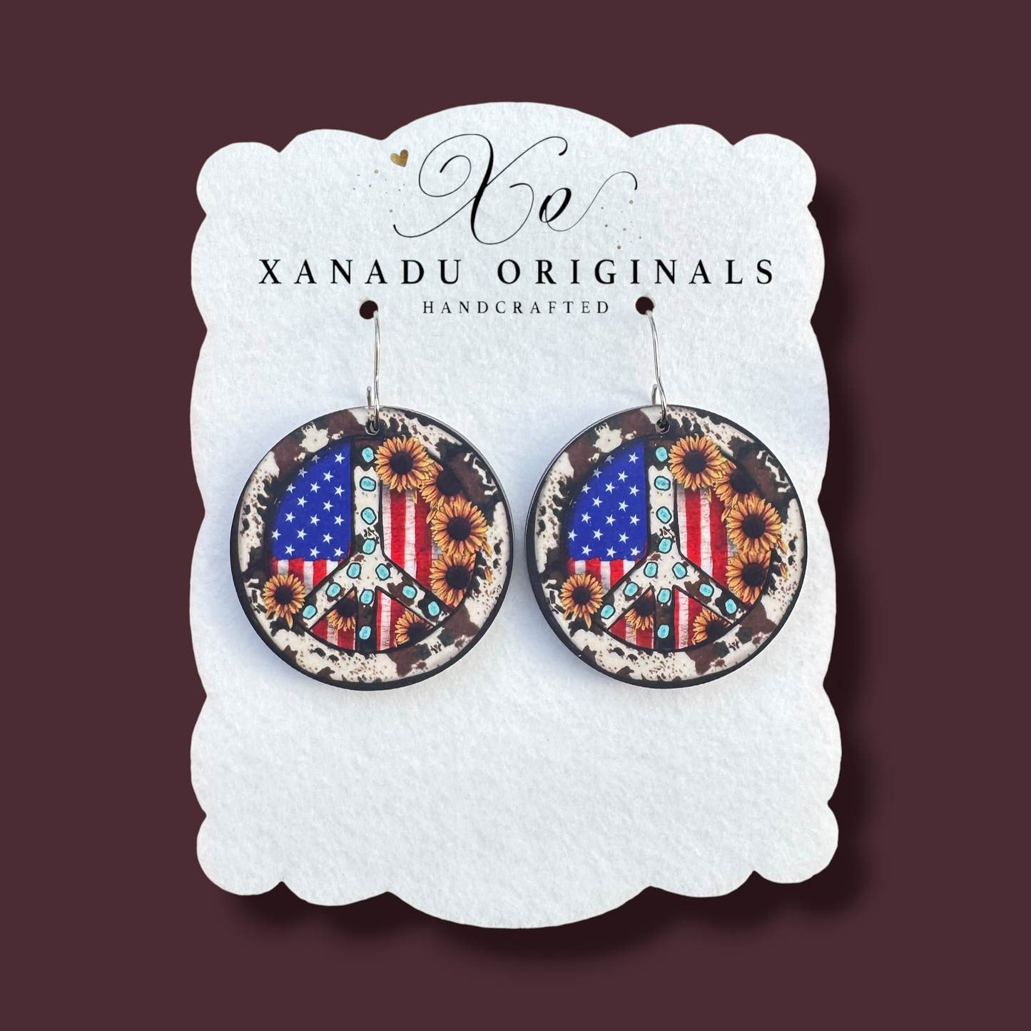 Peace Sign Cowhide Sunflower Earrings