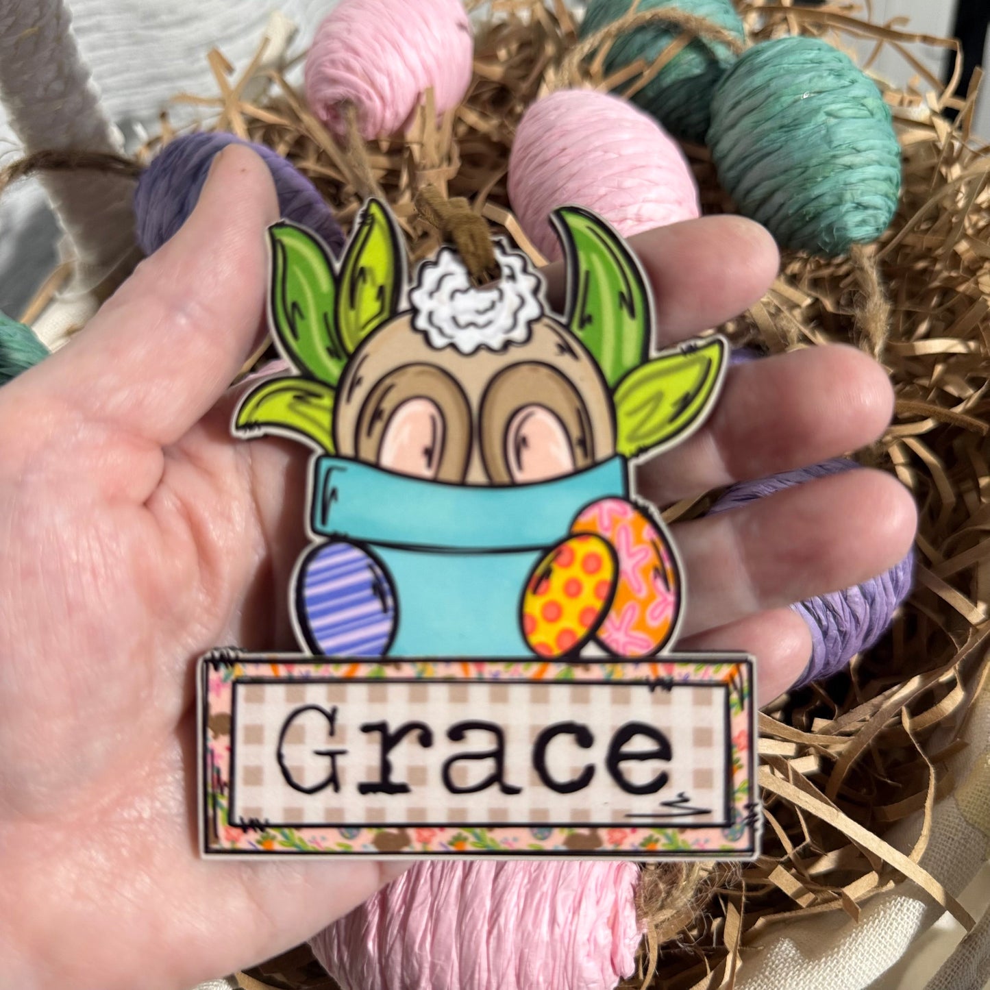 Girl Bunny In Pot Personalized Easter Basket Tag
