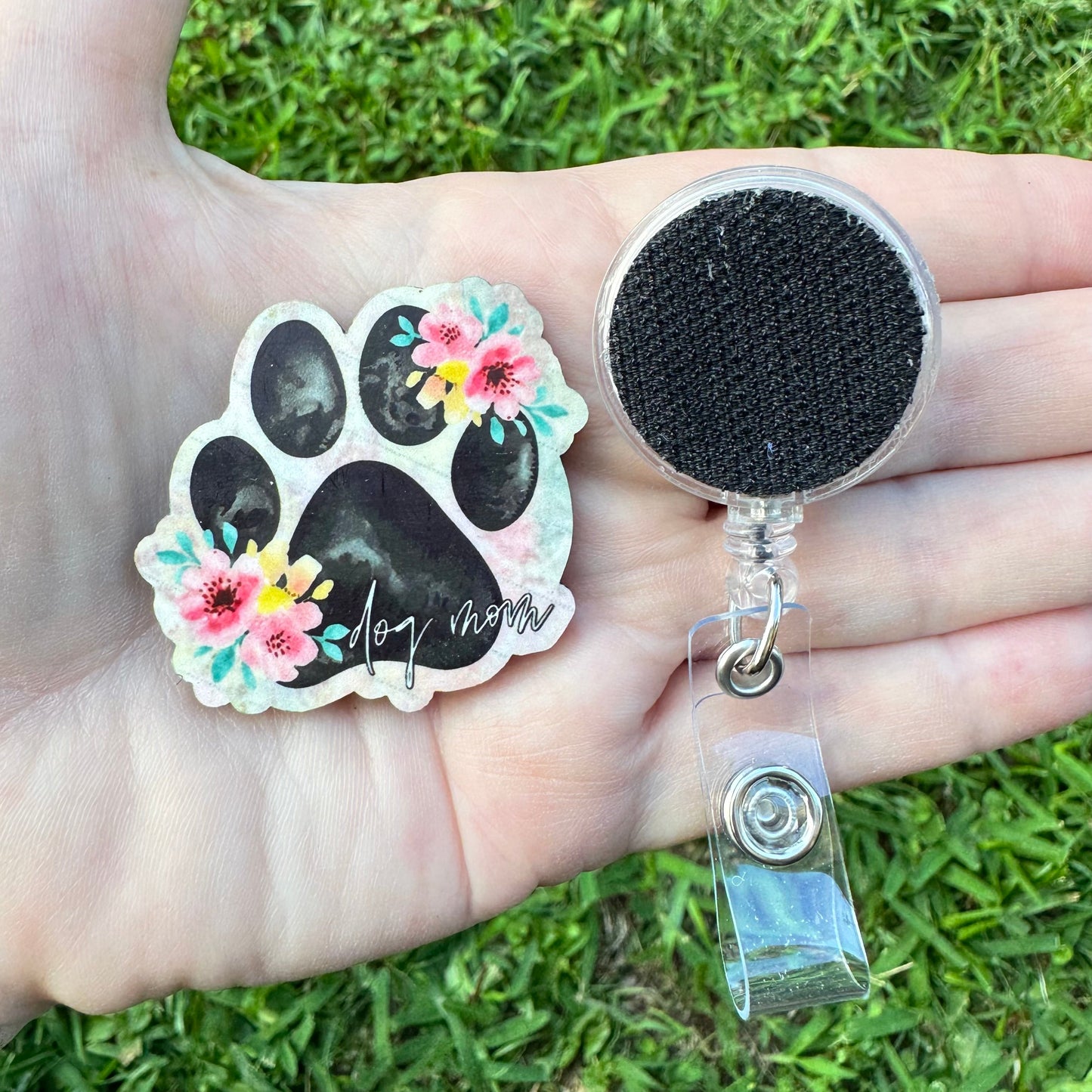 Floral Dog Mom Interchangeable Badge Button with Reel Option
