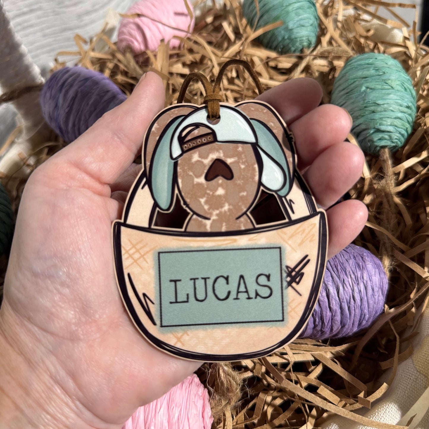 Boy Bunny In Basket Personalized Easter Basket Tag
