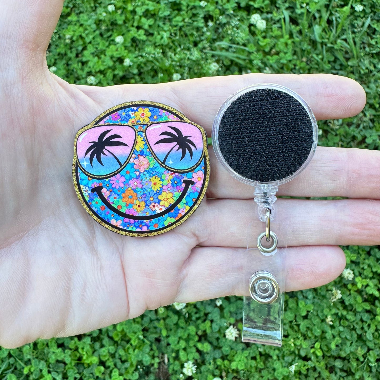 Tropical Smiley Flower Interchangeable Badge Button with Reel Option