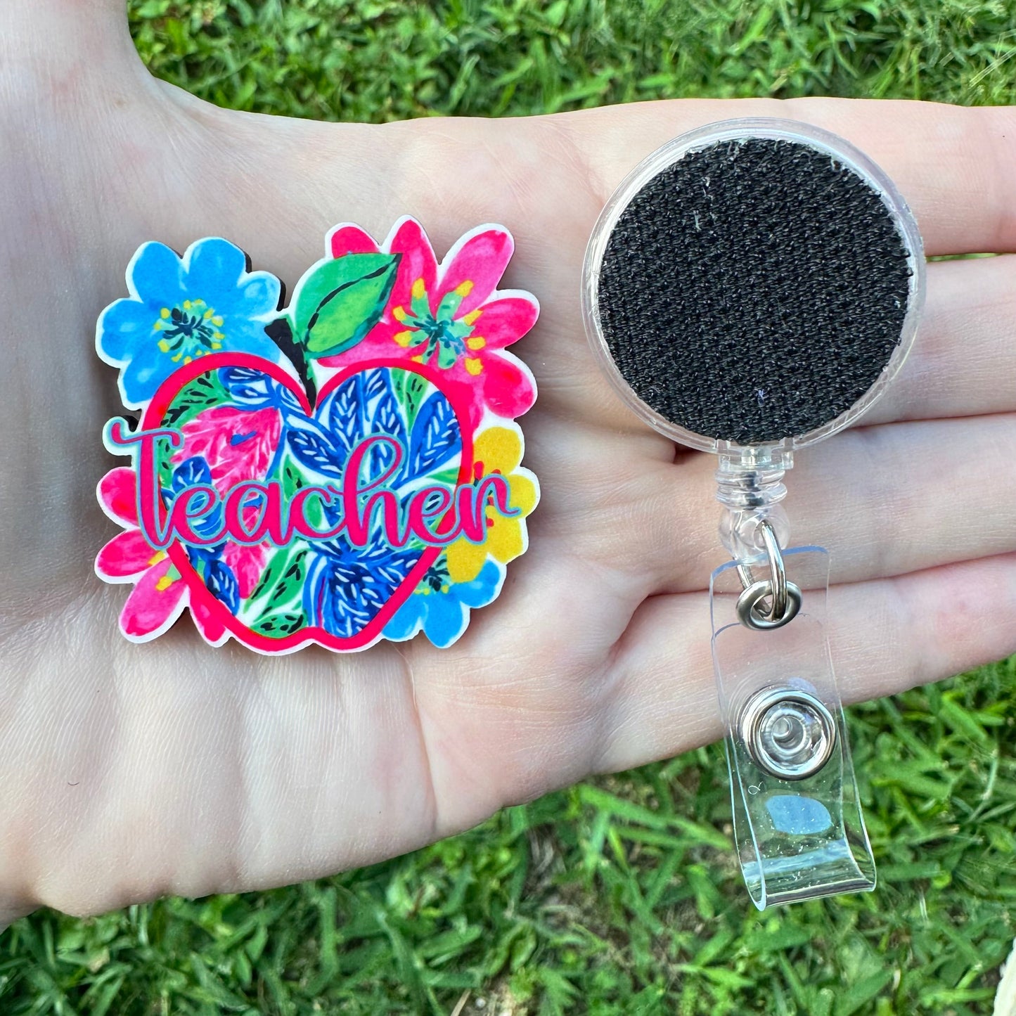 Floral Teacher Interchangeable Badge Button with Reel Option