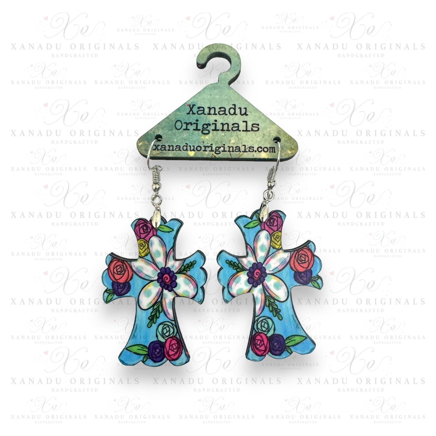 Blue Floral Cross Earrings - 1