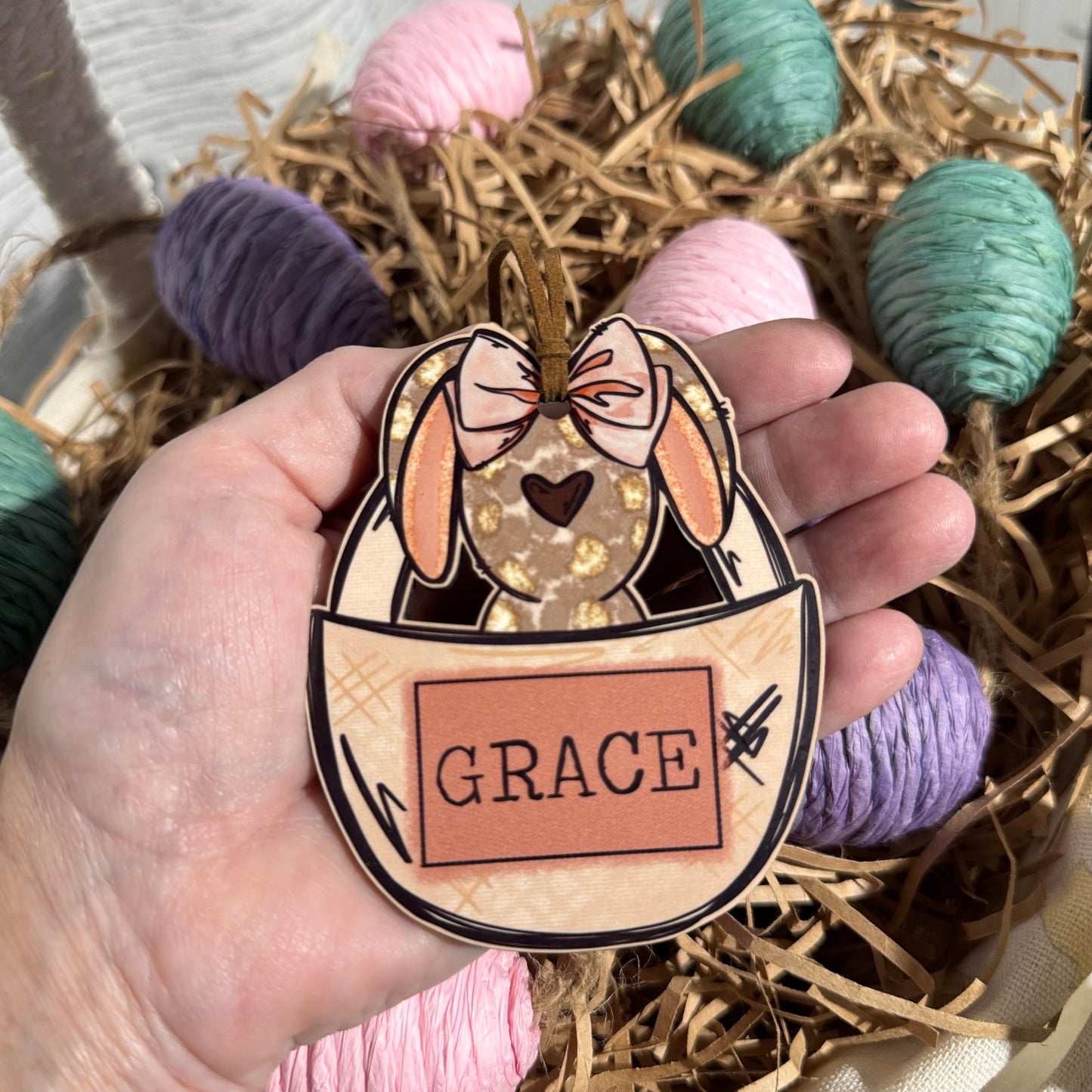 Girl Bunny In Basket Personalized Easter Basket Tag