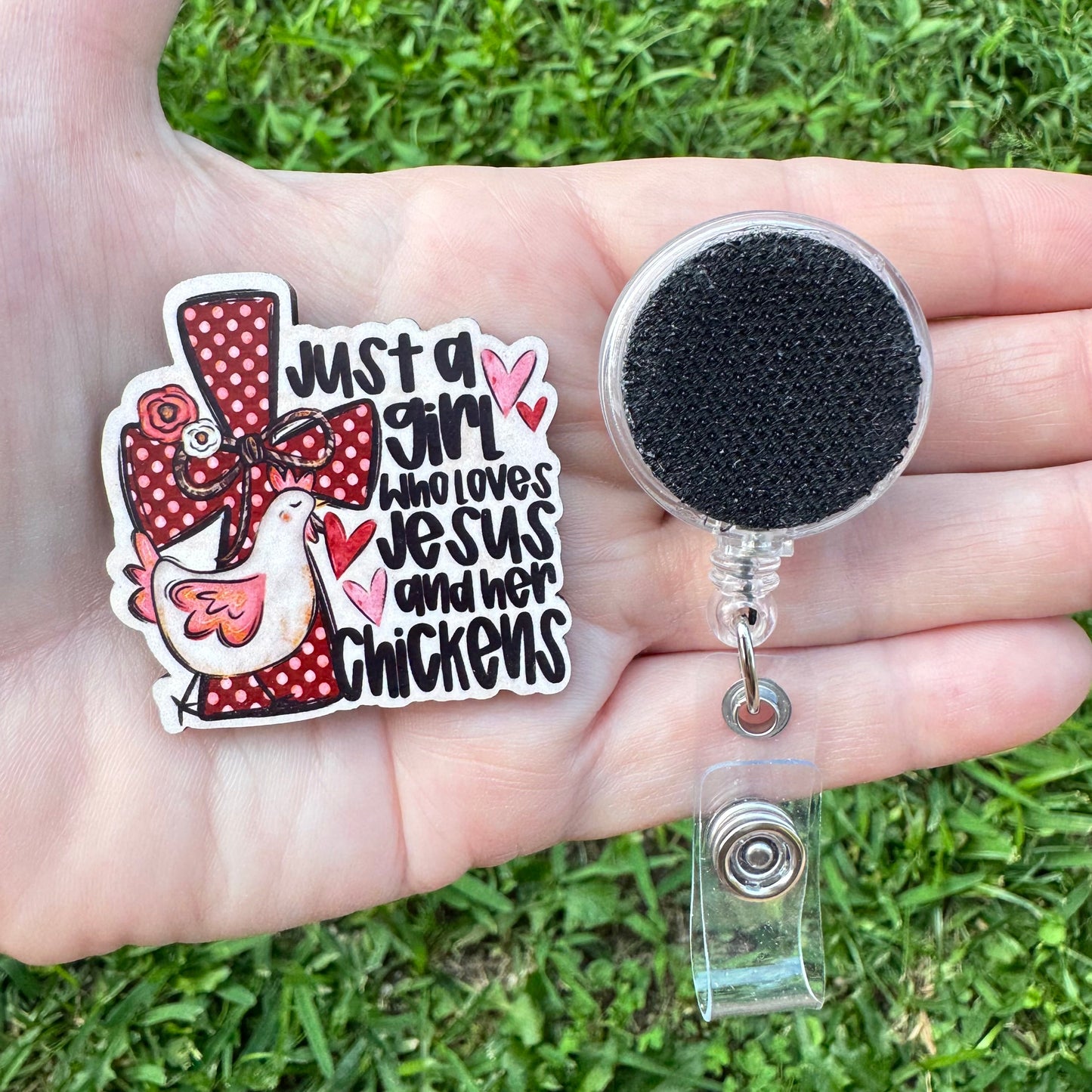 Jesus and Chickens Interchangeable Badge Button with Reel Option