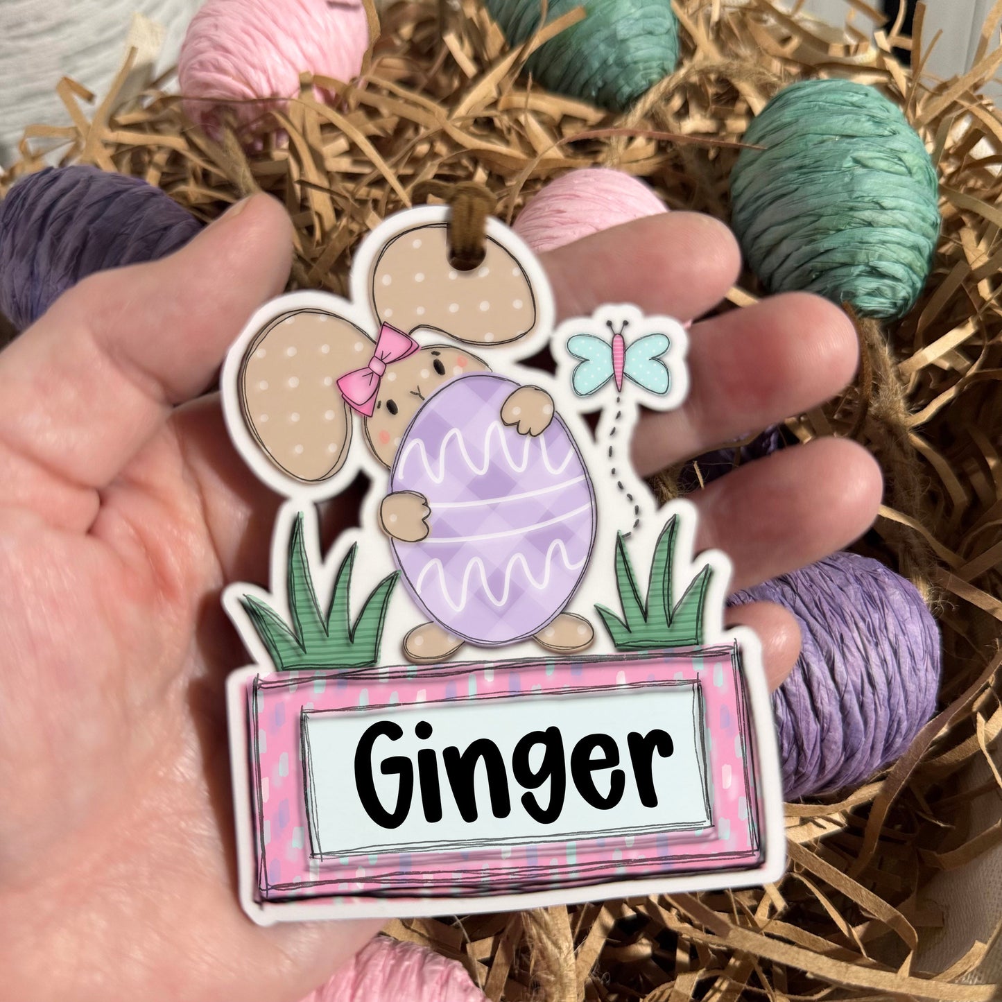 Girl Bunny with Egg Personalized Easter Basket Tag