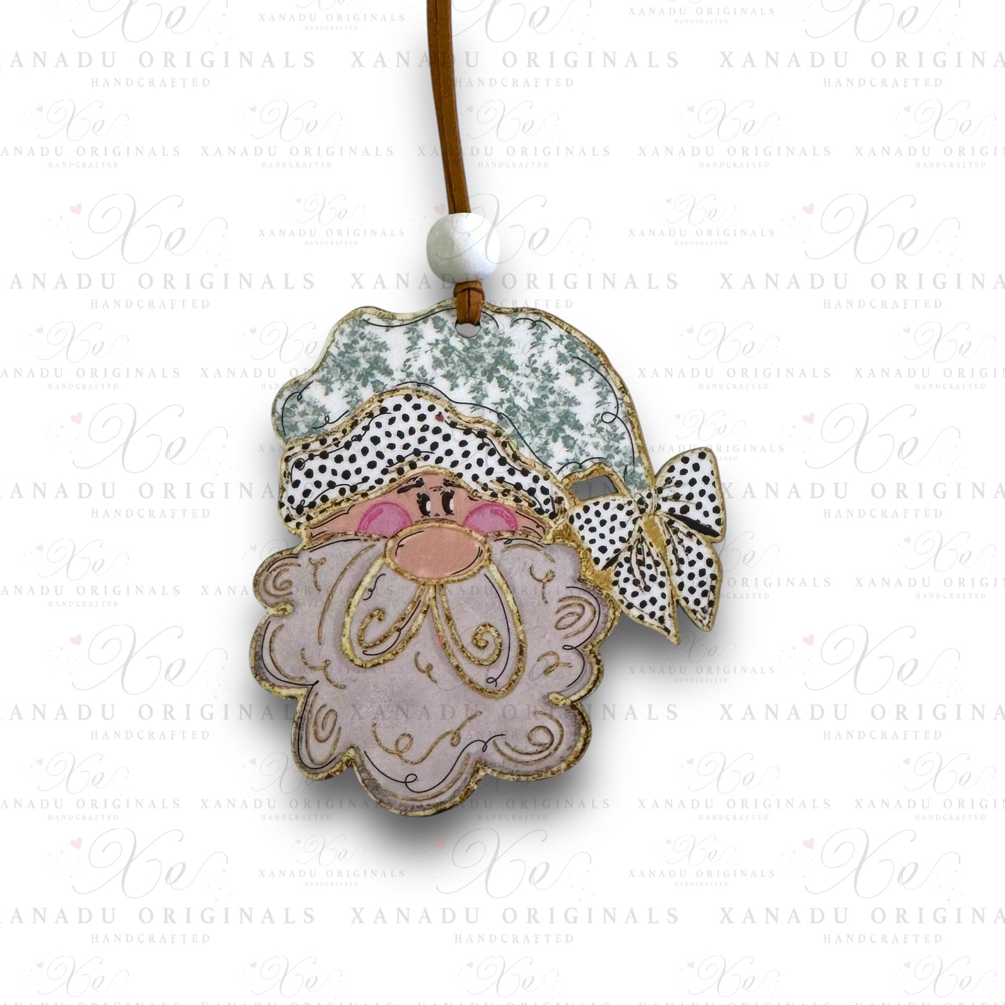 Santa Green Toile Hat Christmas Ornament