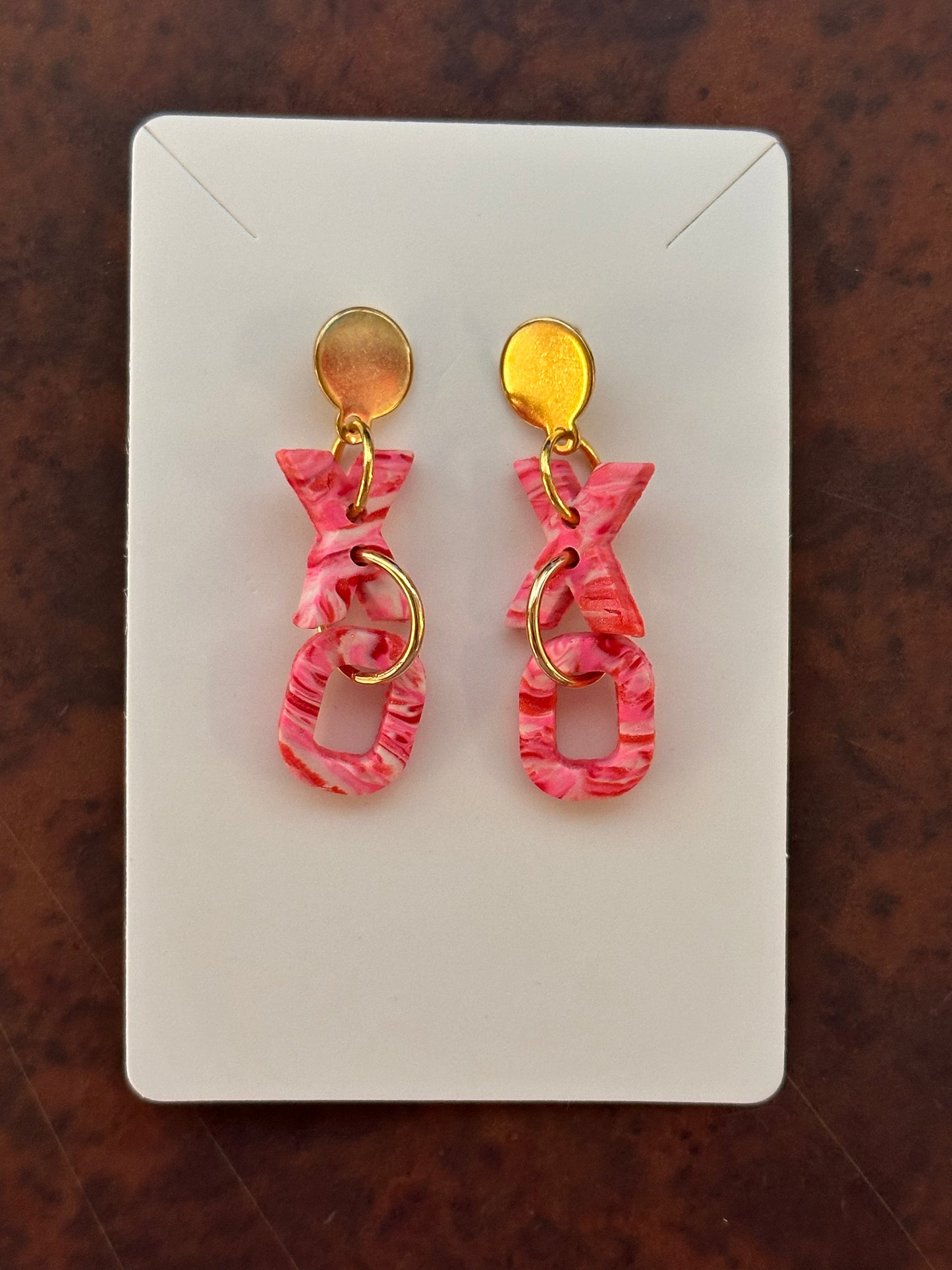 "XO" Pink Swirl Gold Earrings