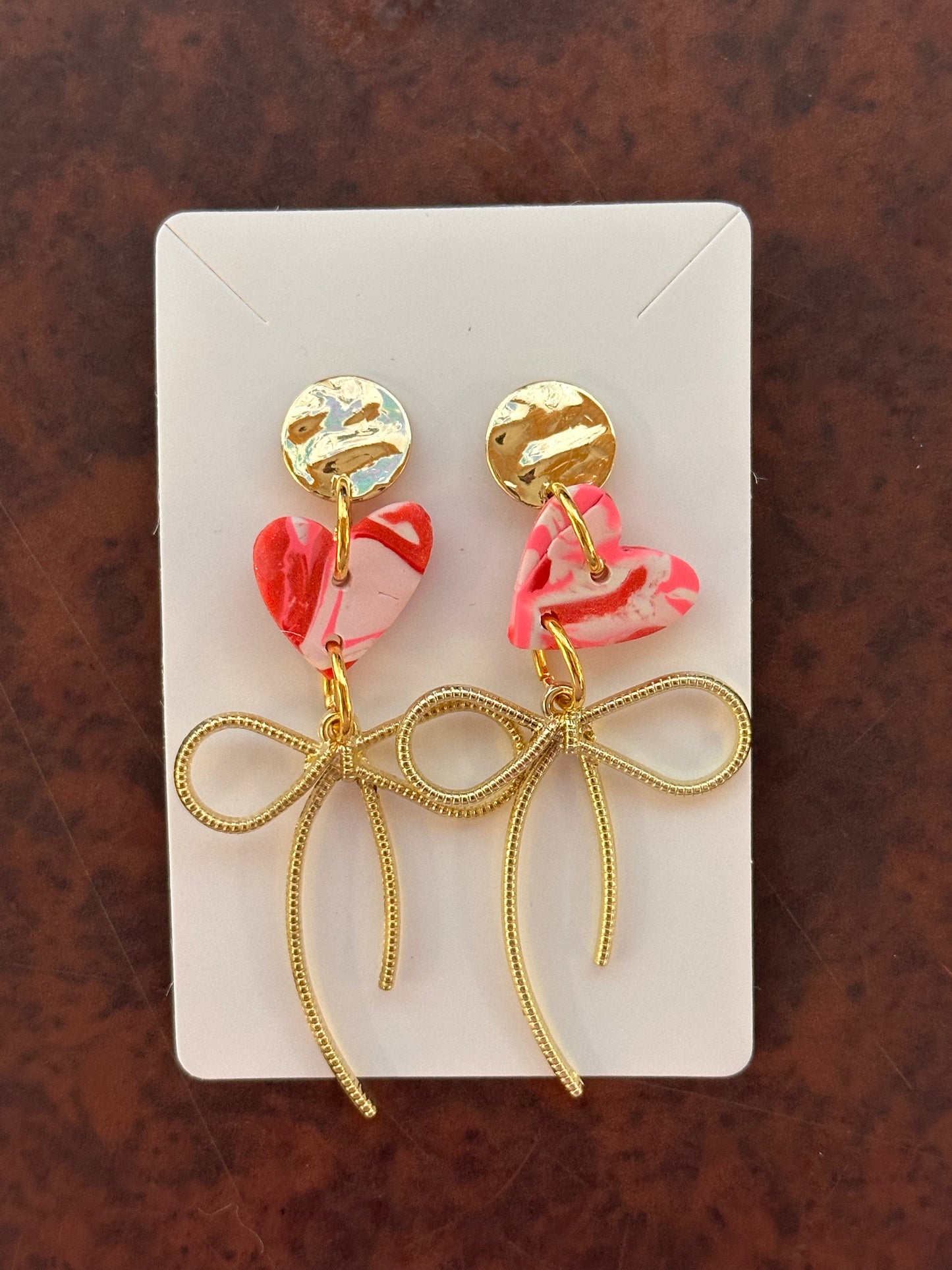 Gold Bow and Pink Swirl Heart Earrings