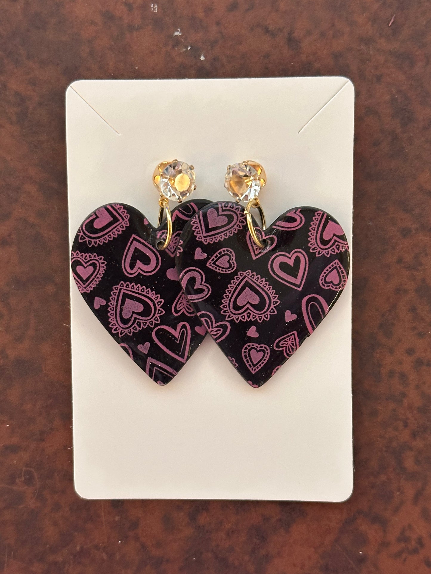 Black Heart Print with Crystal Stud Earrings