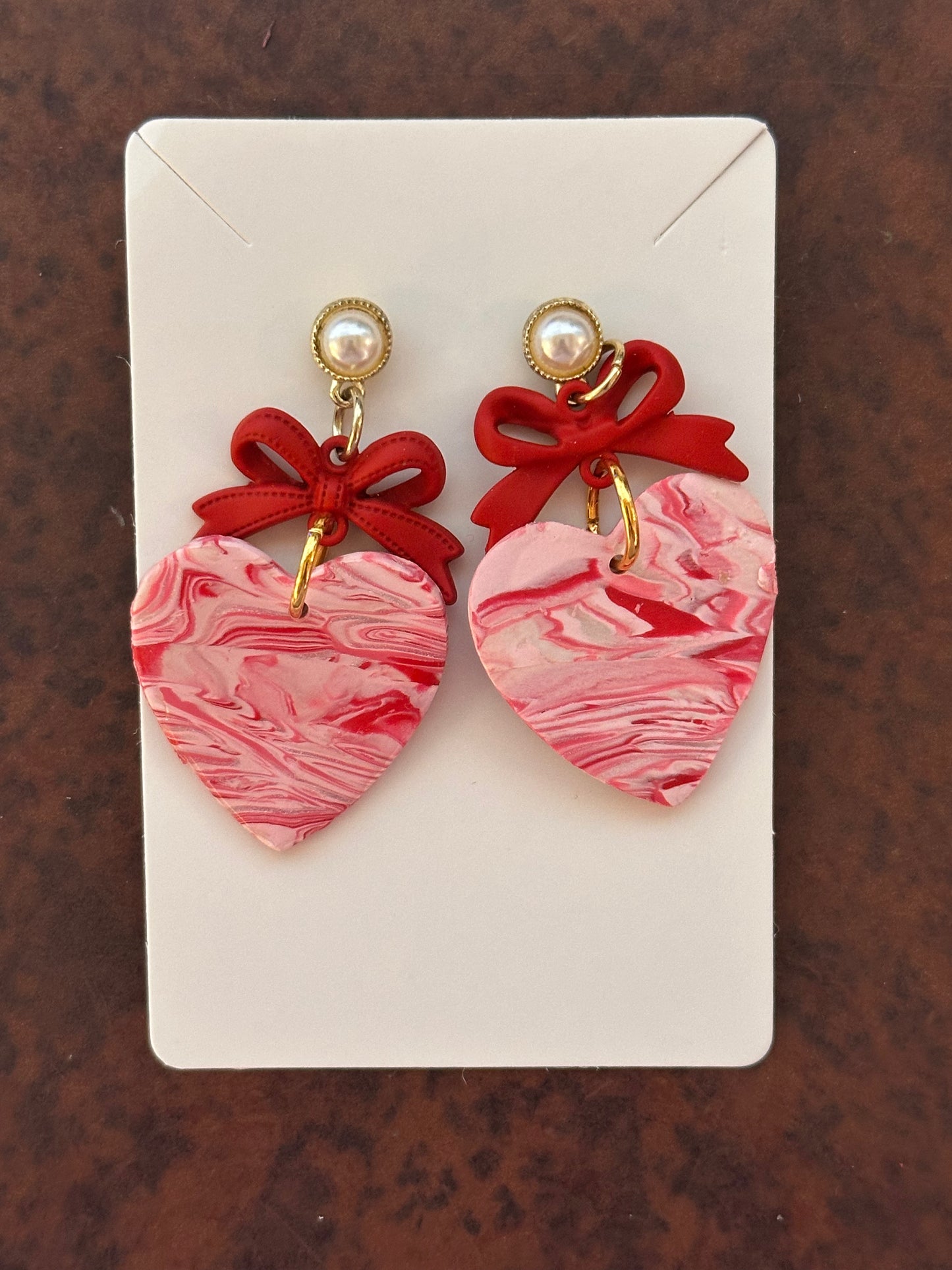 Red Bow and Pink Swirl Heart Earrings with Pearl Stud