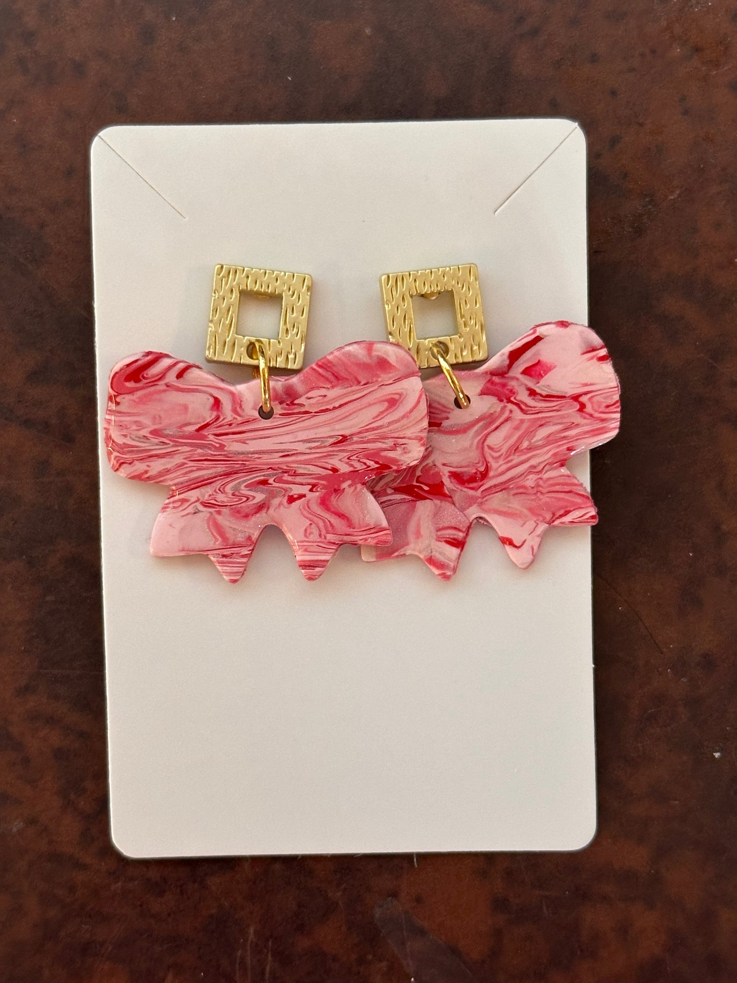 Gold Square Stud with Pink Swirl Bow Earrings