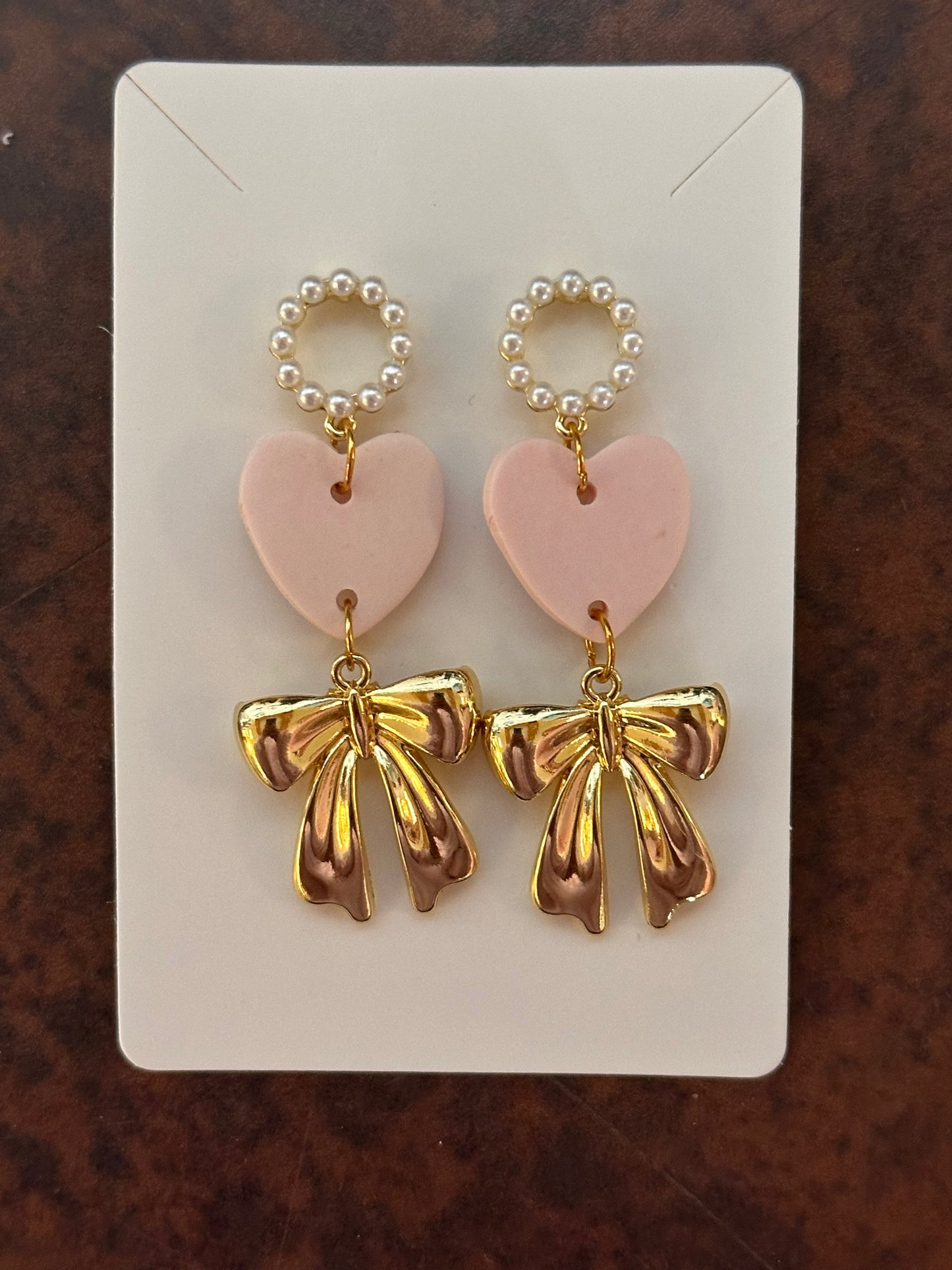 Pink Heart with Gold Bow and Pearl Stud Earrings