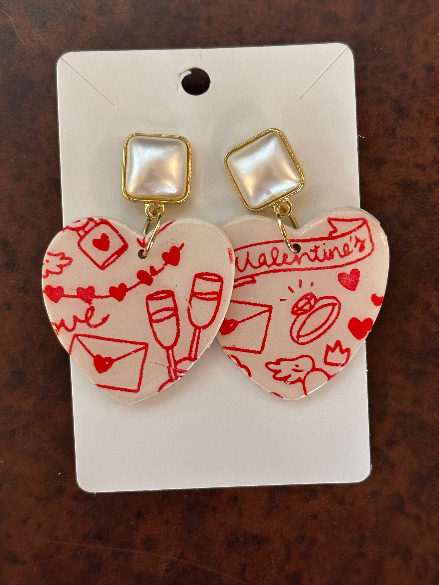 Square Pearl with Valentine Print Heart Earrings