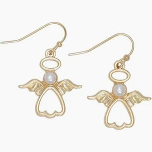 Silver Open Angel and Pearl Earrings