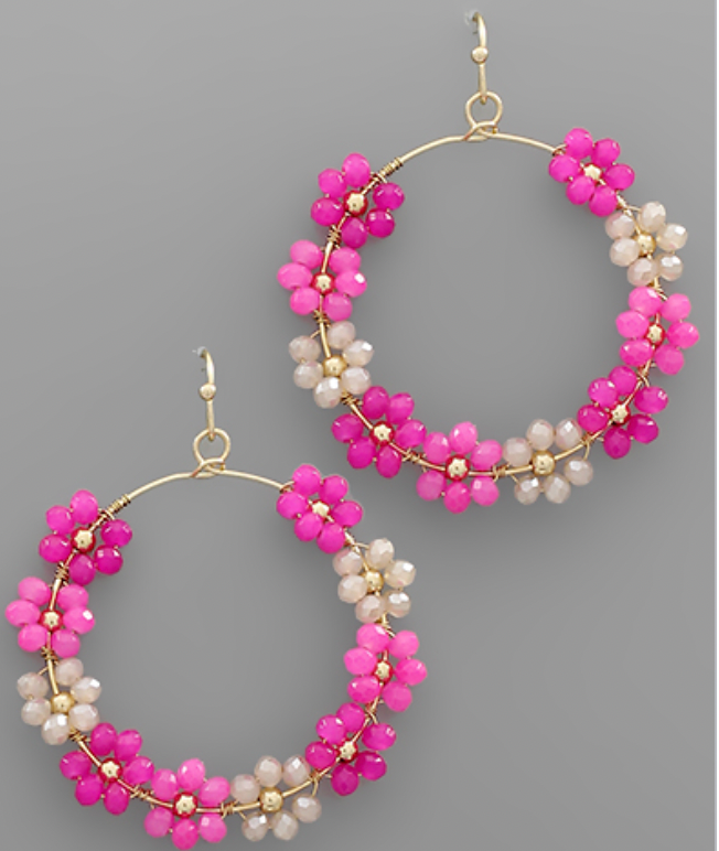 Fuschia Beaded Flower Circle Hoop Earrings