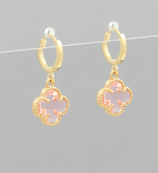 Clover Dangle Brass Hoops Pink
