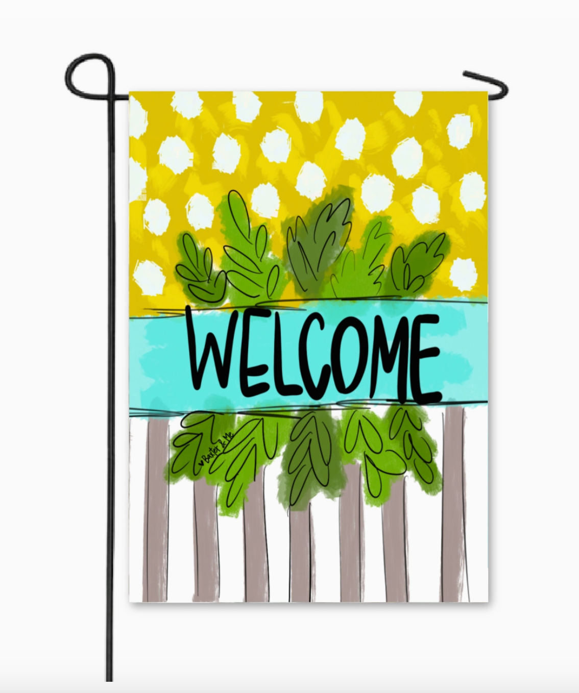 Welcome Yellow Polka Dot Stripe Garden Flag