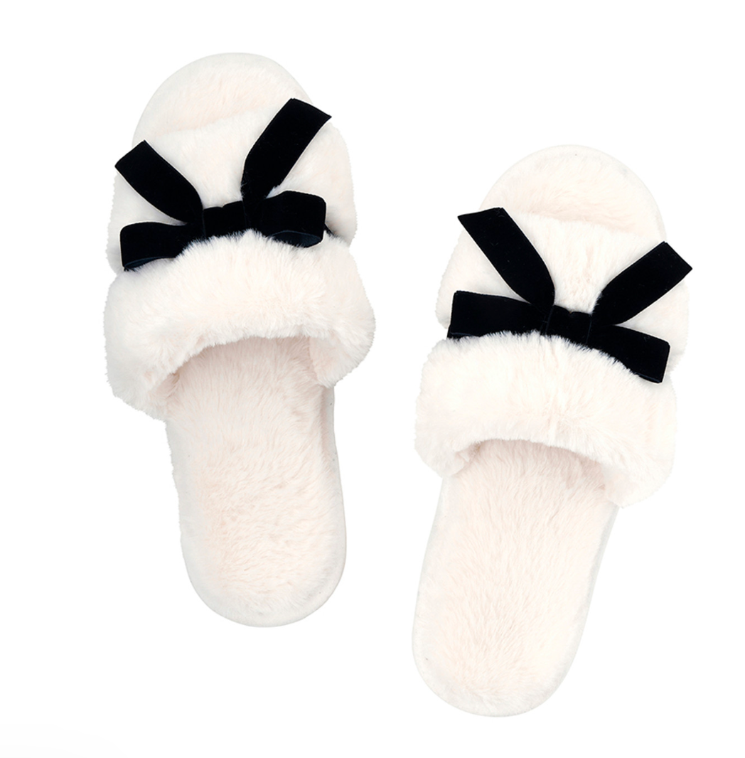 MT Plush Black Velvet Bow Slippers