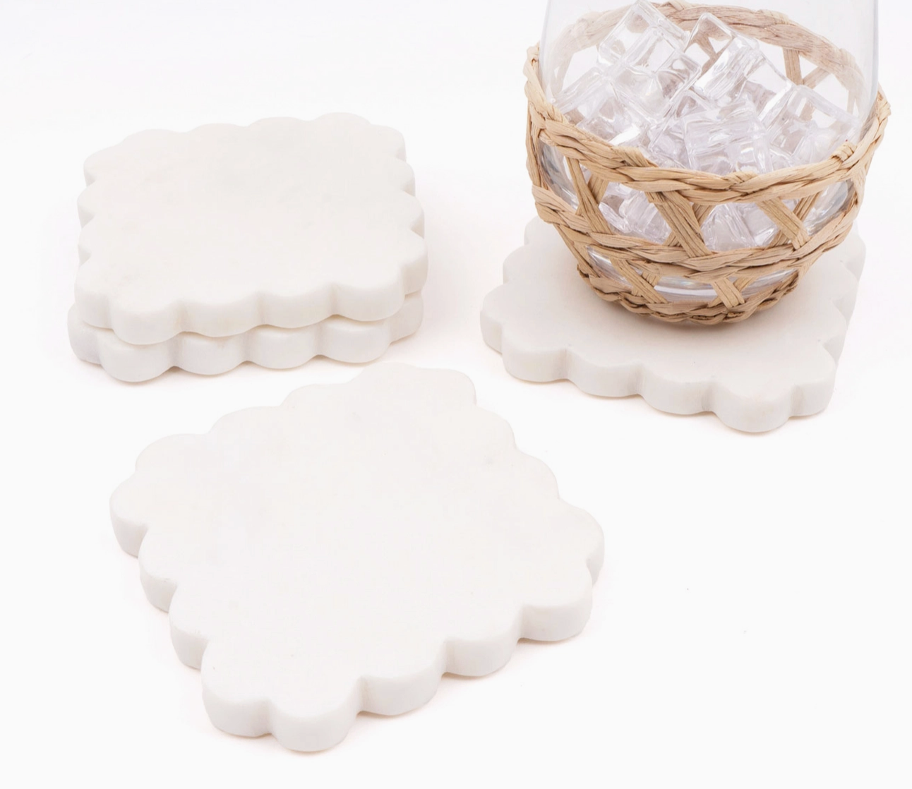 White Marble Scalloped Coaster Set