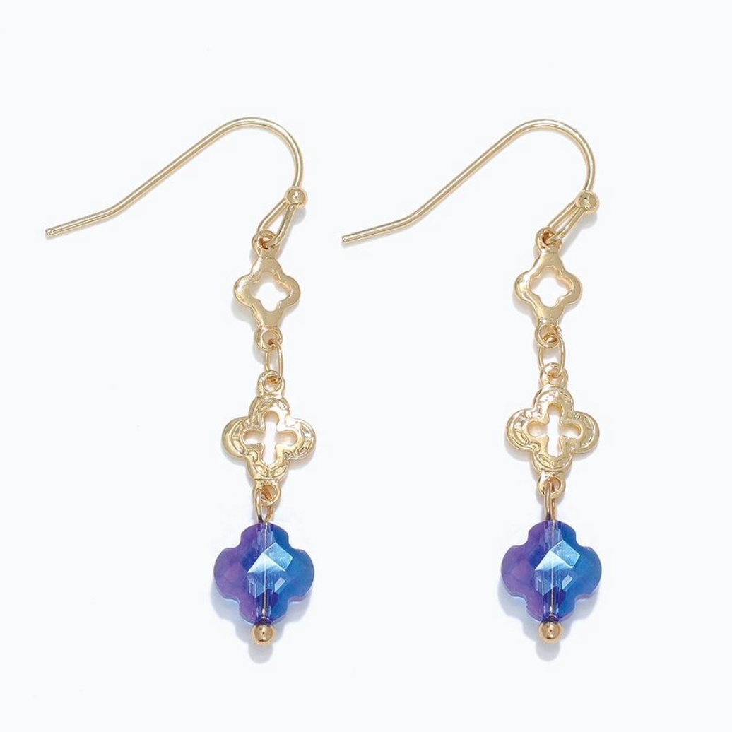 Gold Blue Clover Dangle Earrings