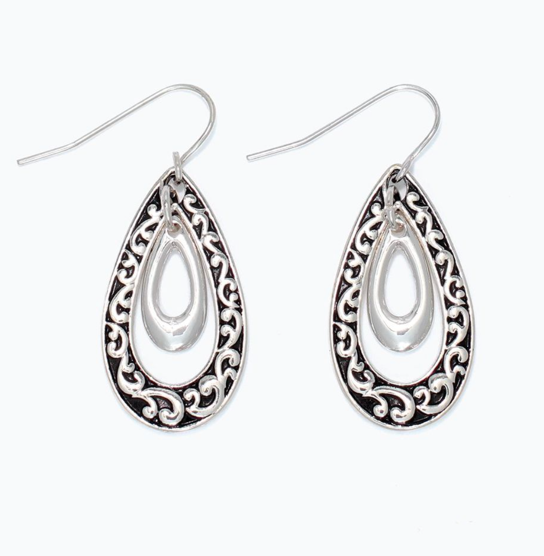 Silver Scroll Teardrop Earrings