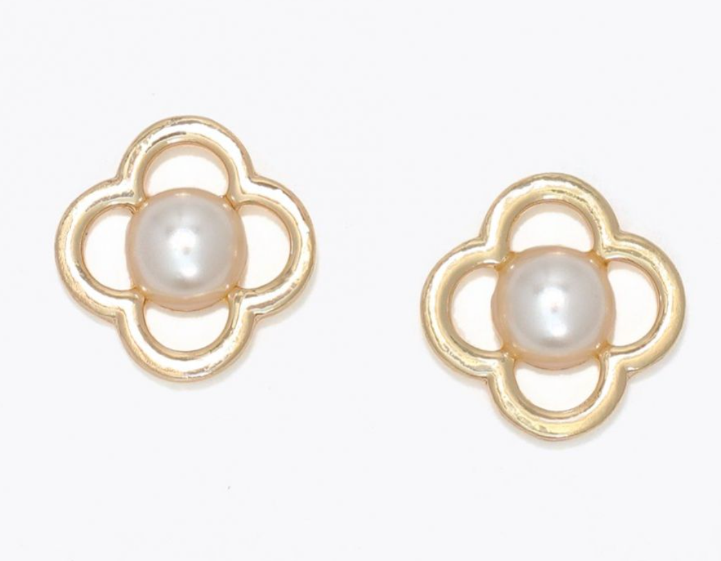Gold Open Clover Pearl Earrings