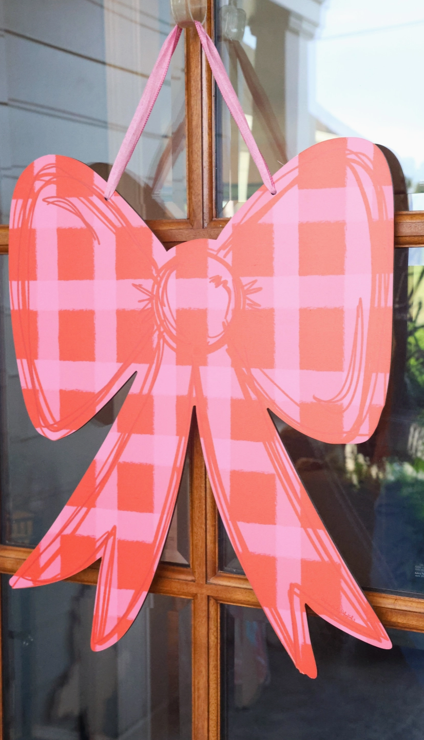 Pink and Red Plaid Bow Door Hanger
