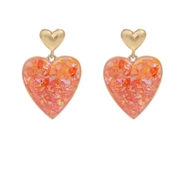 Coral Cracked Shell Heart Earrings