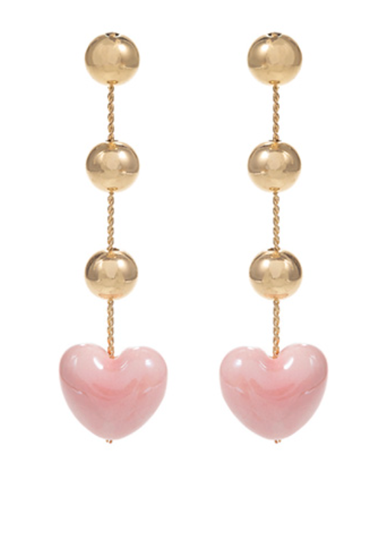 Pink Heart & Brass Ball Drop Earrings