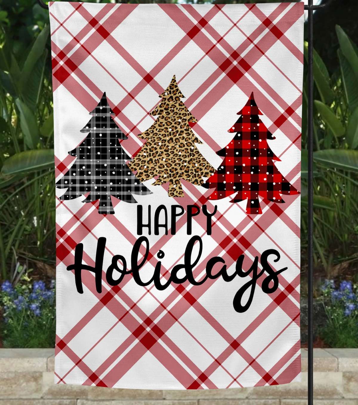 Garden Flag- Happy Holidays Plaid Trees
