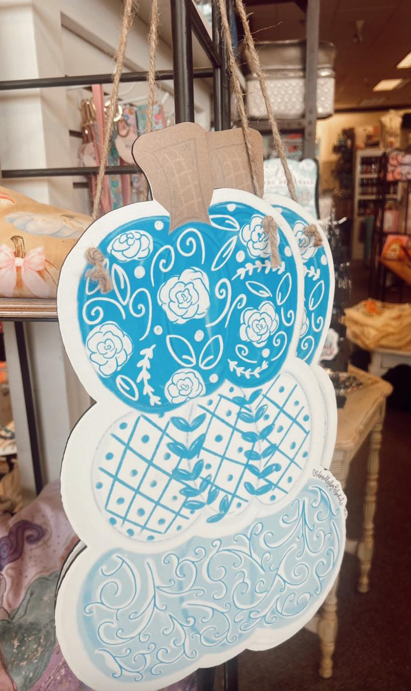 Blue Floral Pumpkin Stack Door Hanger