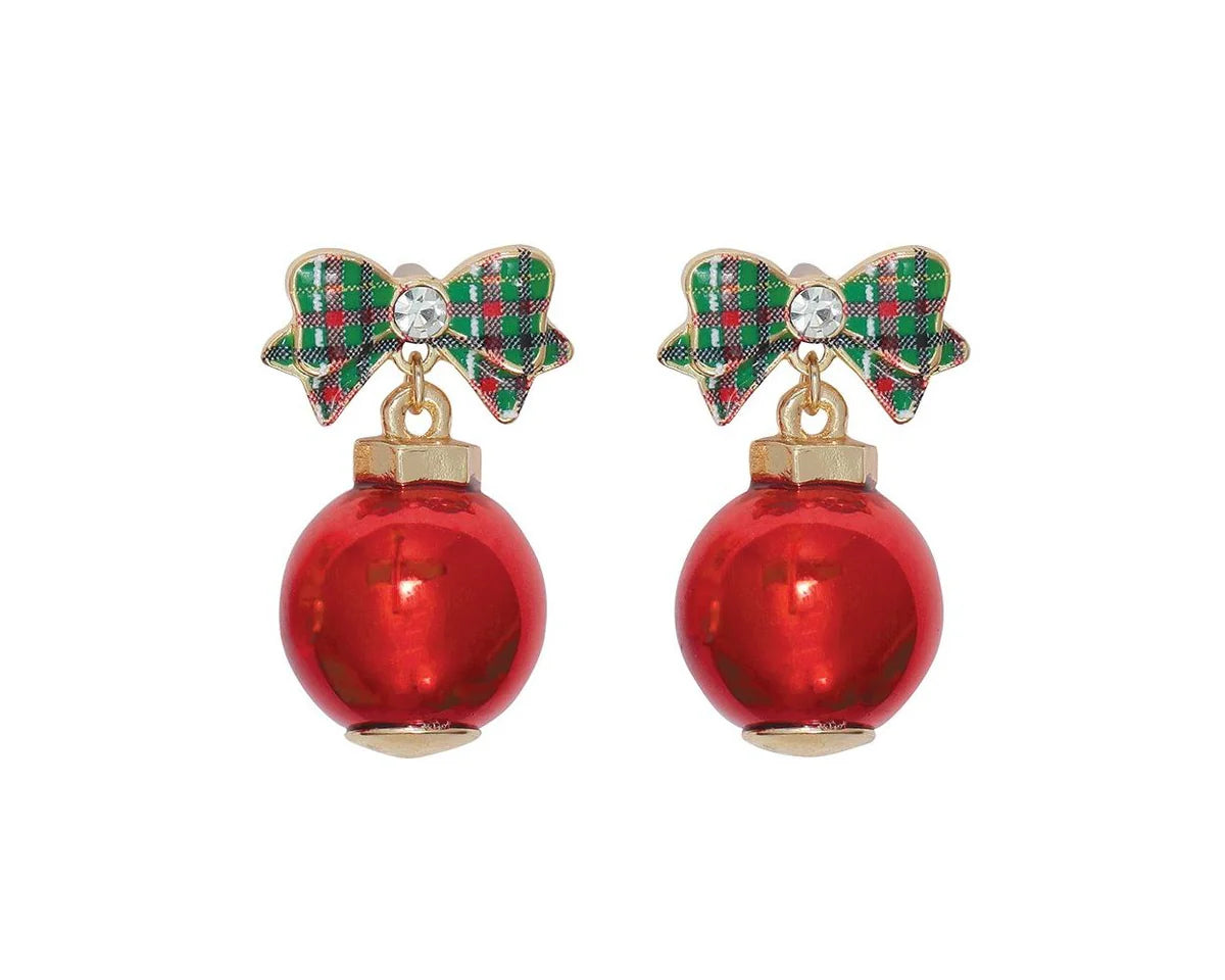 Plaid Bow and Ball Ornament Earrings