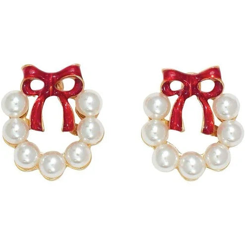 Pearl Wreath With Red Bow Stud Earrings