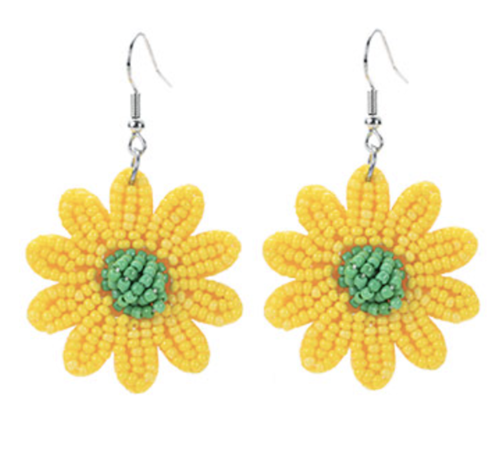 Seed Bead Daisy Earrings- Yellow/Green