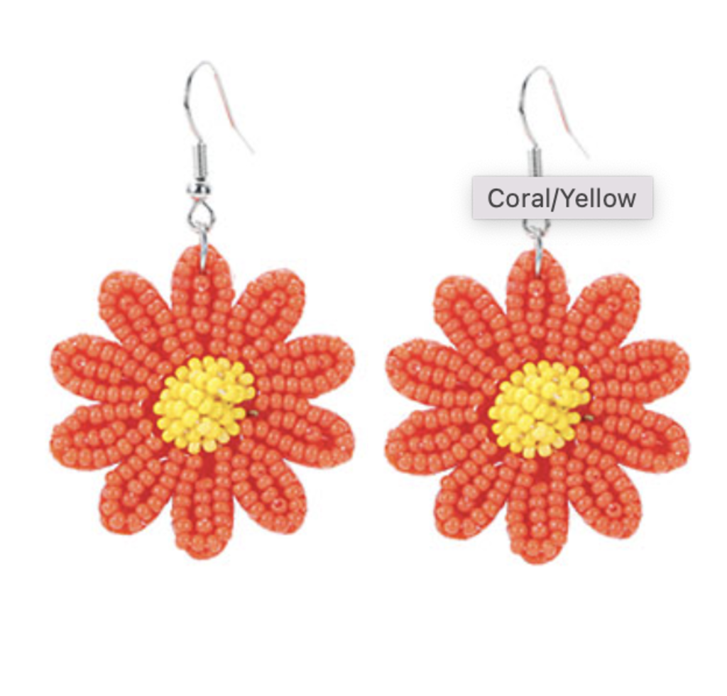 Seed Bead Daisy Earrings- Coral/Yellow