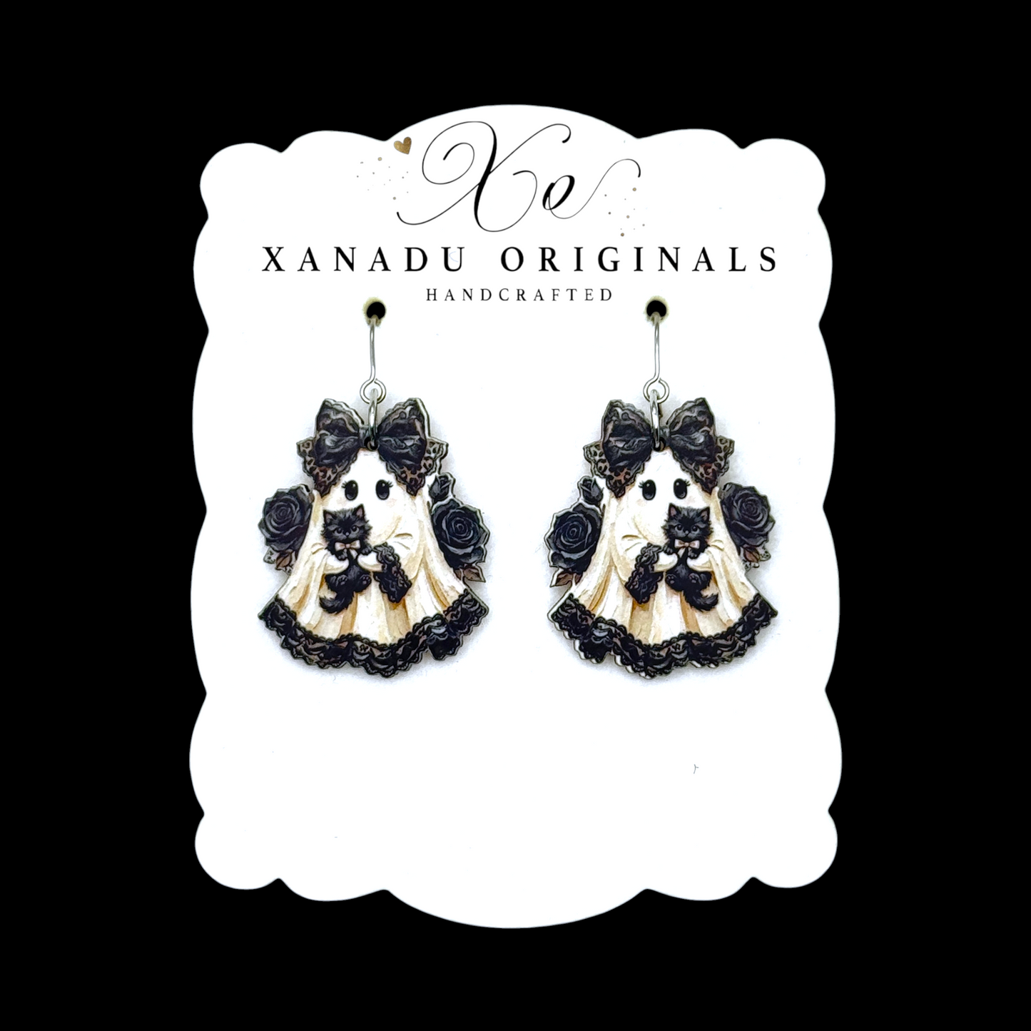 Goth Ghost Black Cat Dangle Earrings