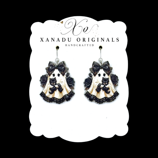 Goth Ghost Black Cat Dangle Earrings