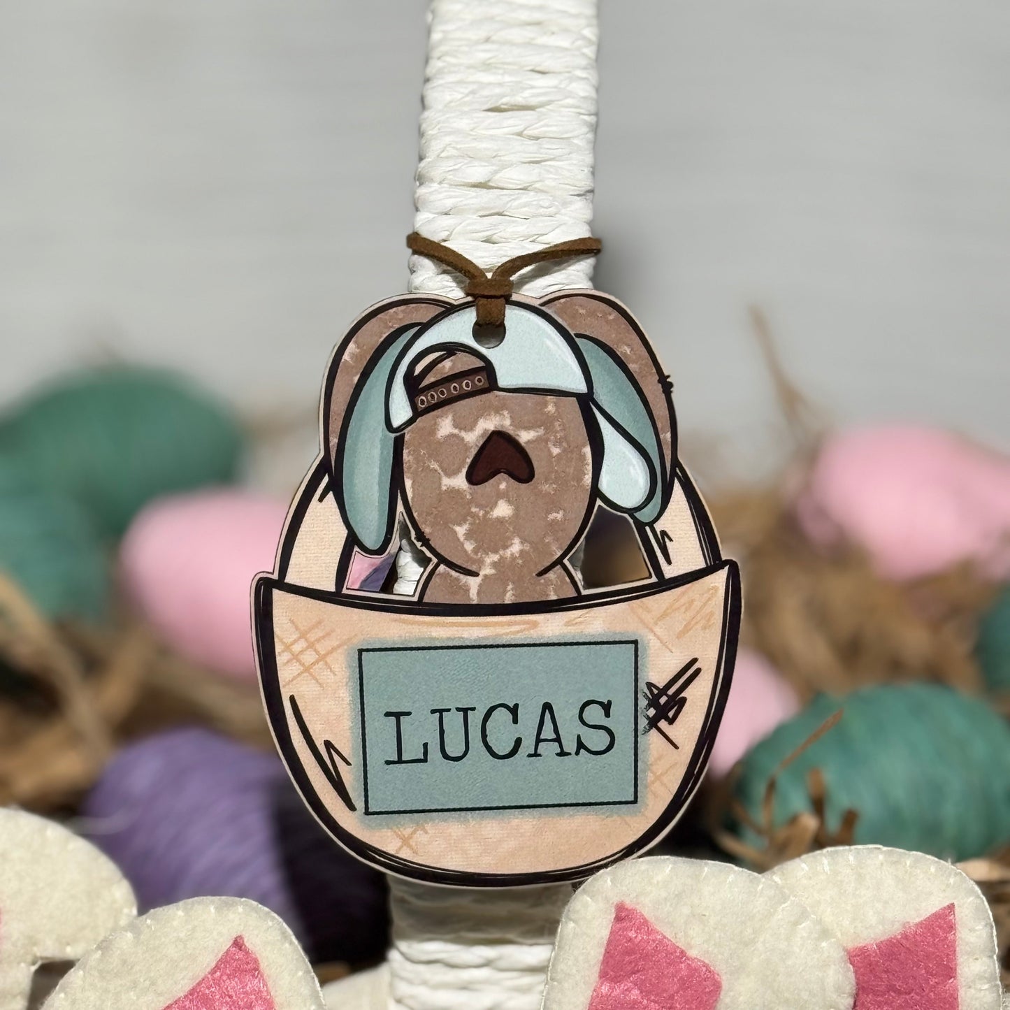 Boy Bunny In Basket Personalized Easter Basket Tag