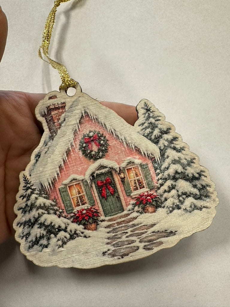 Pink Christmas Cottage Ornament