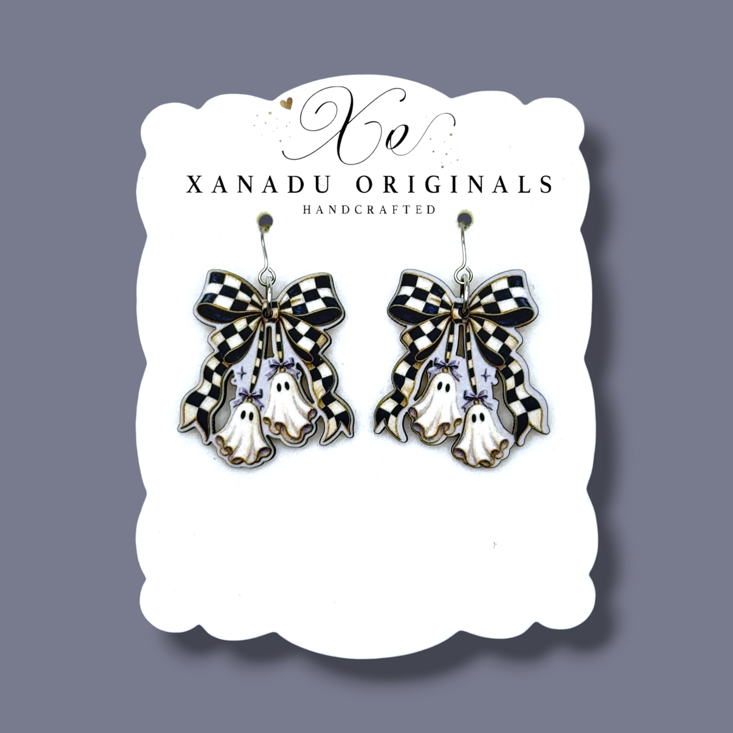 Checkered Bow Ghost Dangle Earrings