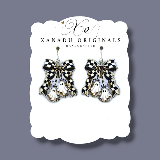 Checkered Bow Ghost Dangle Earrings