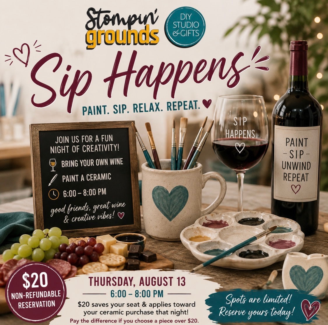Paint and Sip at The Stompin’Grounds  8-13-26  6:00-8:00