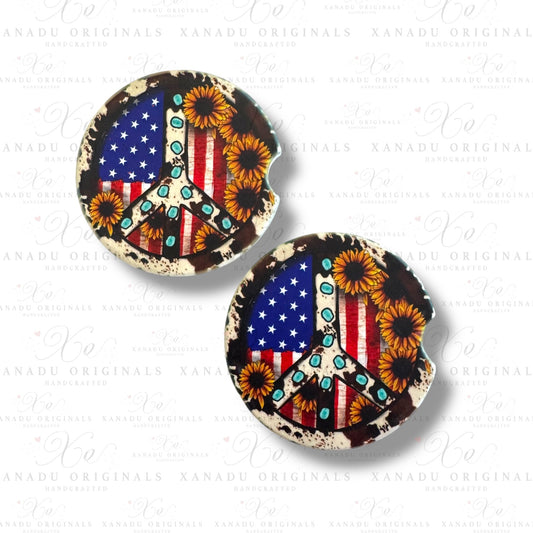 Peace Cowhide Sunflower Ceramic Car Coasters