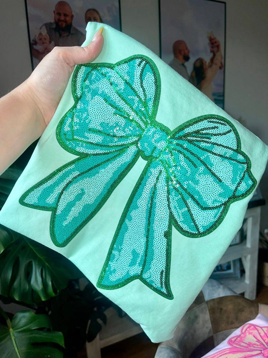 mint sequin bow