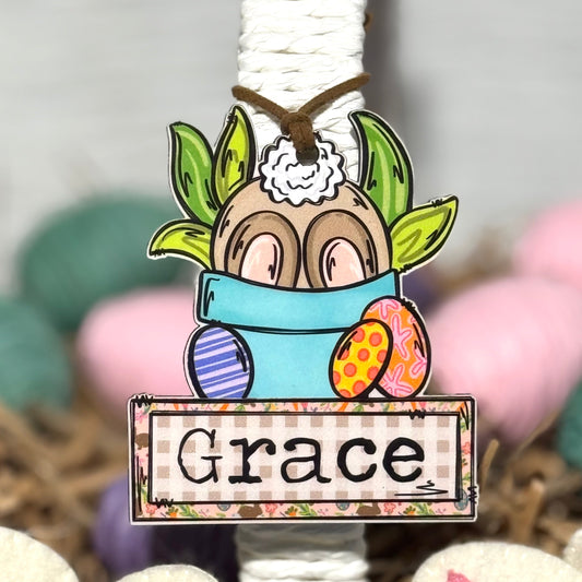 Girl Bunny In Pot Personalized  Easter Basket Tag