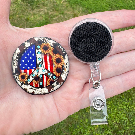 Peace Sign Cowhide Sunflower Interchangeable Badge Button with Reel Option