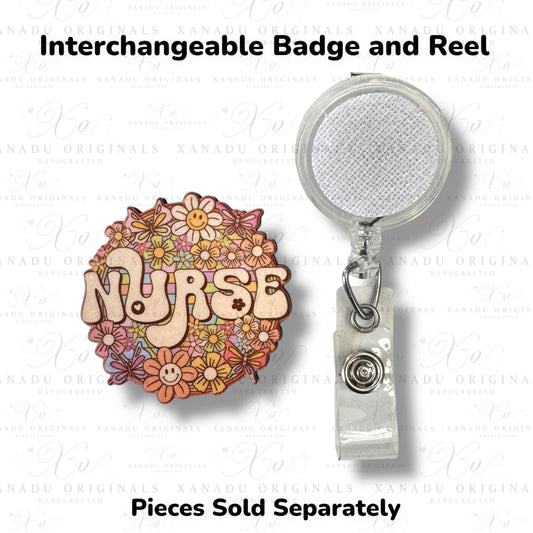 Nurse Retro Floral Interchangeable Badge Button with Reel Option