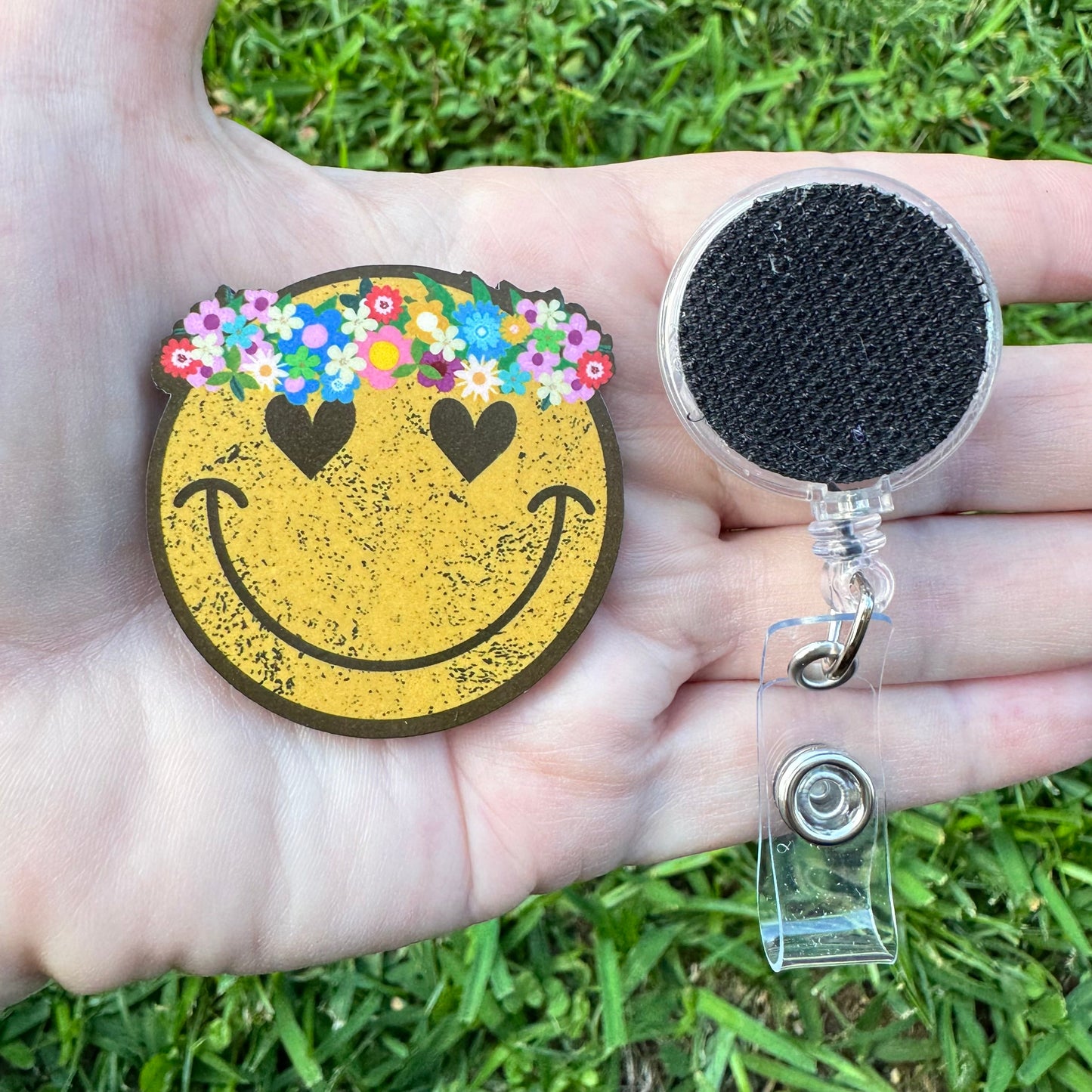 Flower Child Smiley Interchangeable Badge Button with Reel Option